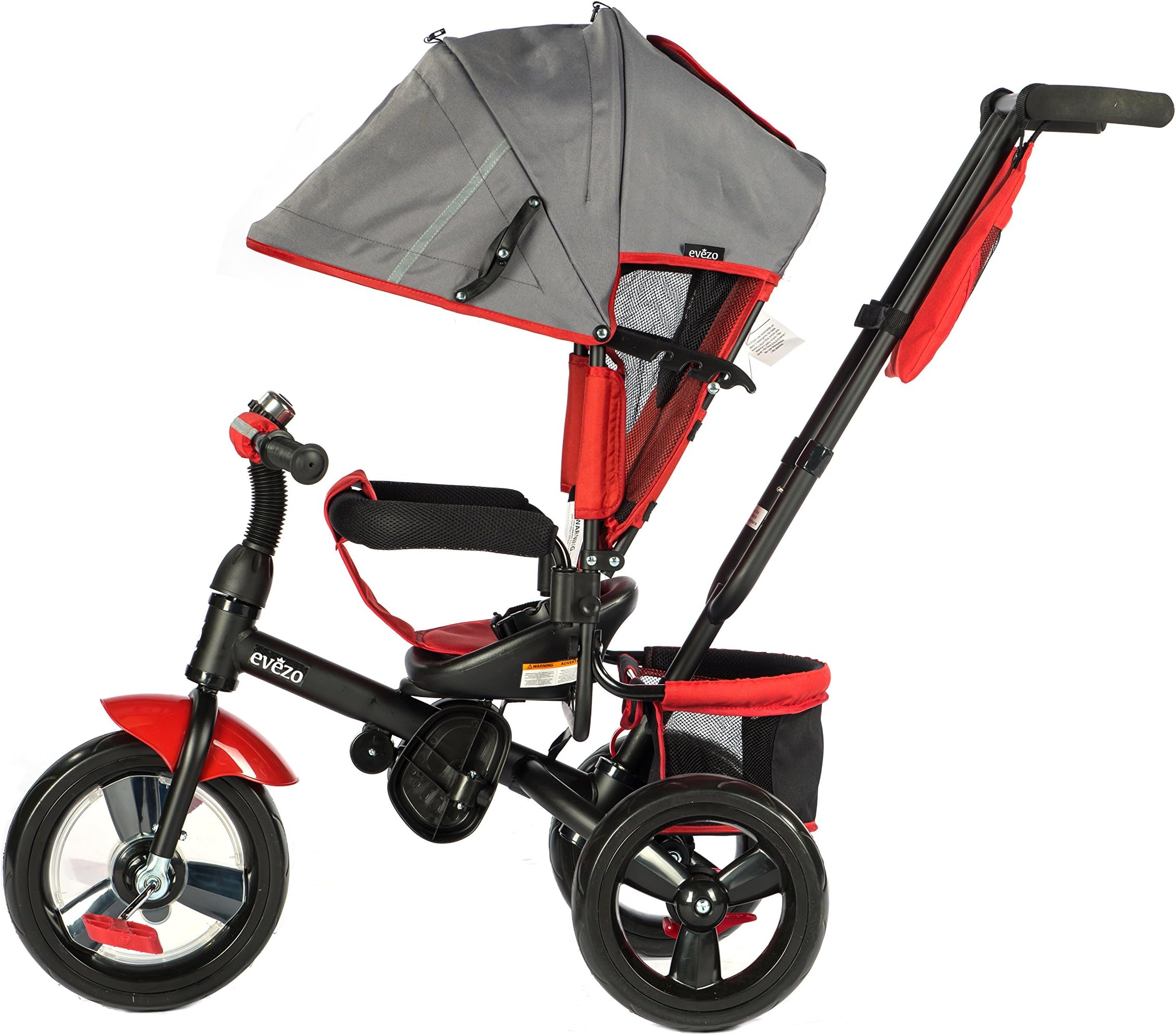 EVEZO 307A 4-in-1 Adult Push Tricycle for Kids, Stroller Trike, Reclining Seat, Ringing Bell, 5-Point Safety Harness, Full Canopy, Storage Bin (Crimson Red)