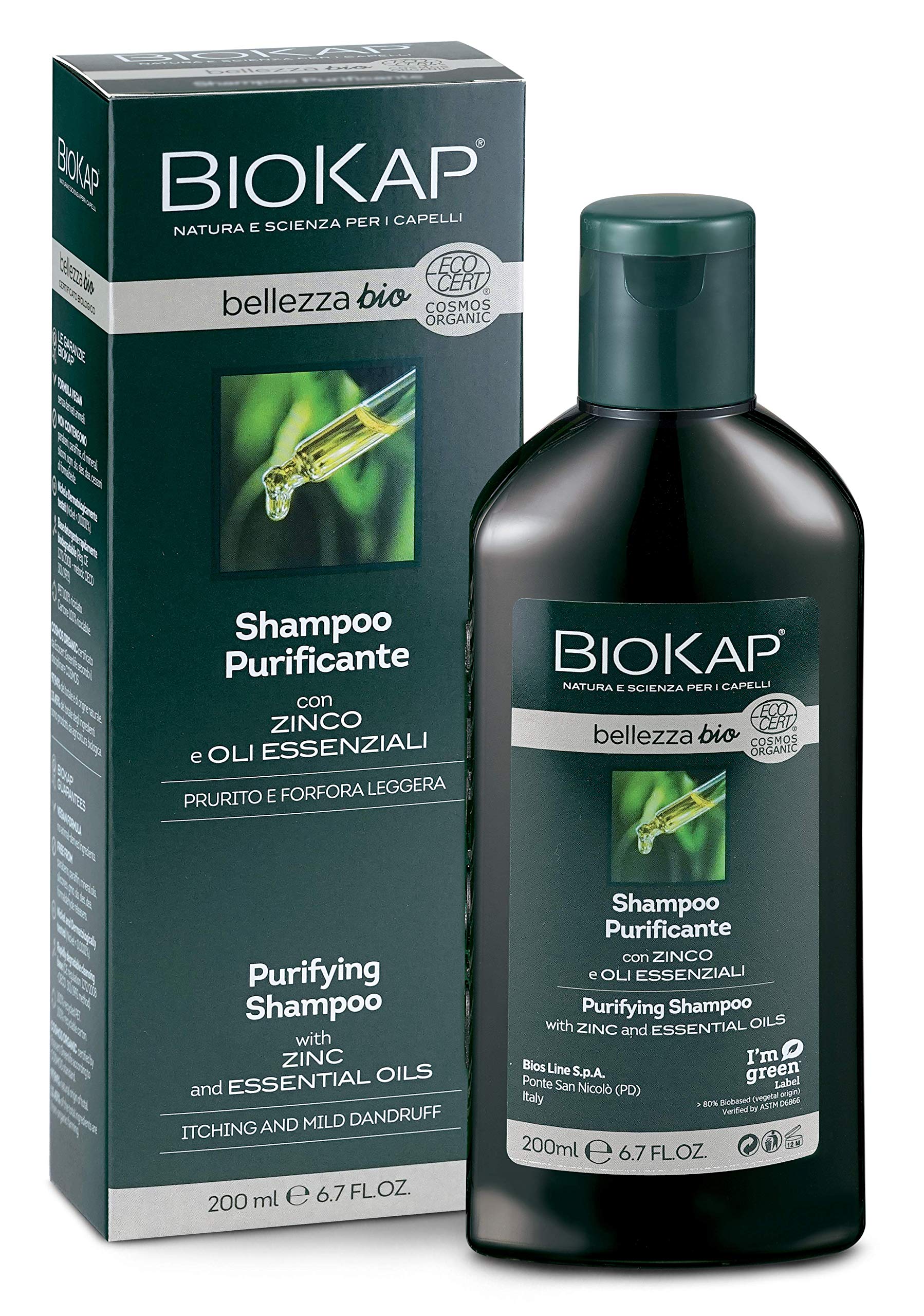 BIOKAP BELLEZZA Organic Purifying Shampoo 200 ml | Against Dandruff and Itching - Vegetable Active Ingredients - Eucalyptus Oil - Menthol - Tea Tree Oil - Zinc Salt - Vegan
