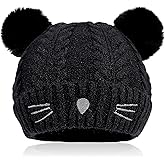 Bienvenu Baby Toddler Infant Boy Girl Winter Beanie Hat, Cat Embroidered Pom Knit Hat, Newborn Fleece Lined Warm Skull Cap