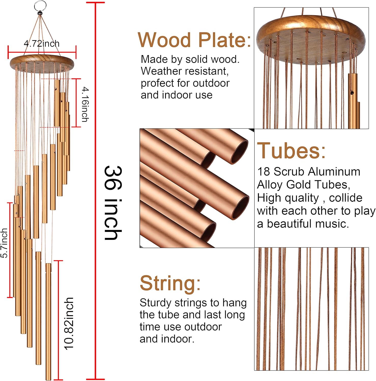Topspeeder Wind Chime Outdoor Metal Wind Chimes Solid Wood and 18 Scrub Aluminum Alloy Gold Tubes Wind Chime 36’’ Large Garden Wind Chime for Party, Garden, Decor, Gift etc : Garden & Outdoor