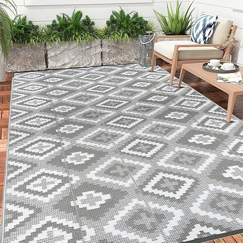 Enyhom Outdoor Rug Waterproof, 150 x 240 cm Large Reversible RV Camping Mat, Plastic Straw Rug UV Resistant Garden Rug, Recycled Lightweight Portable Picnic Area Rugs for Porch Backyard BBQ, Grey