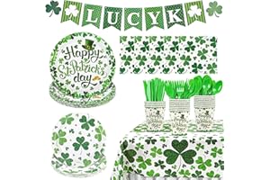 142pcs St Patrick’s Day Party Tableware Green Lucky Shamrocks Disposable Paper Plates, Napkins, Cups, Tablecloth and Banner f