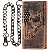 F&L CLASSIC RFID Blocking Mens Tri-fold Long Style Cowhide Leather Steel Chain Wallet,brown flag/skull,212-103