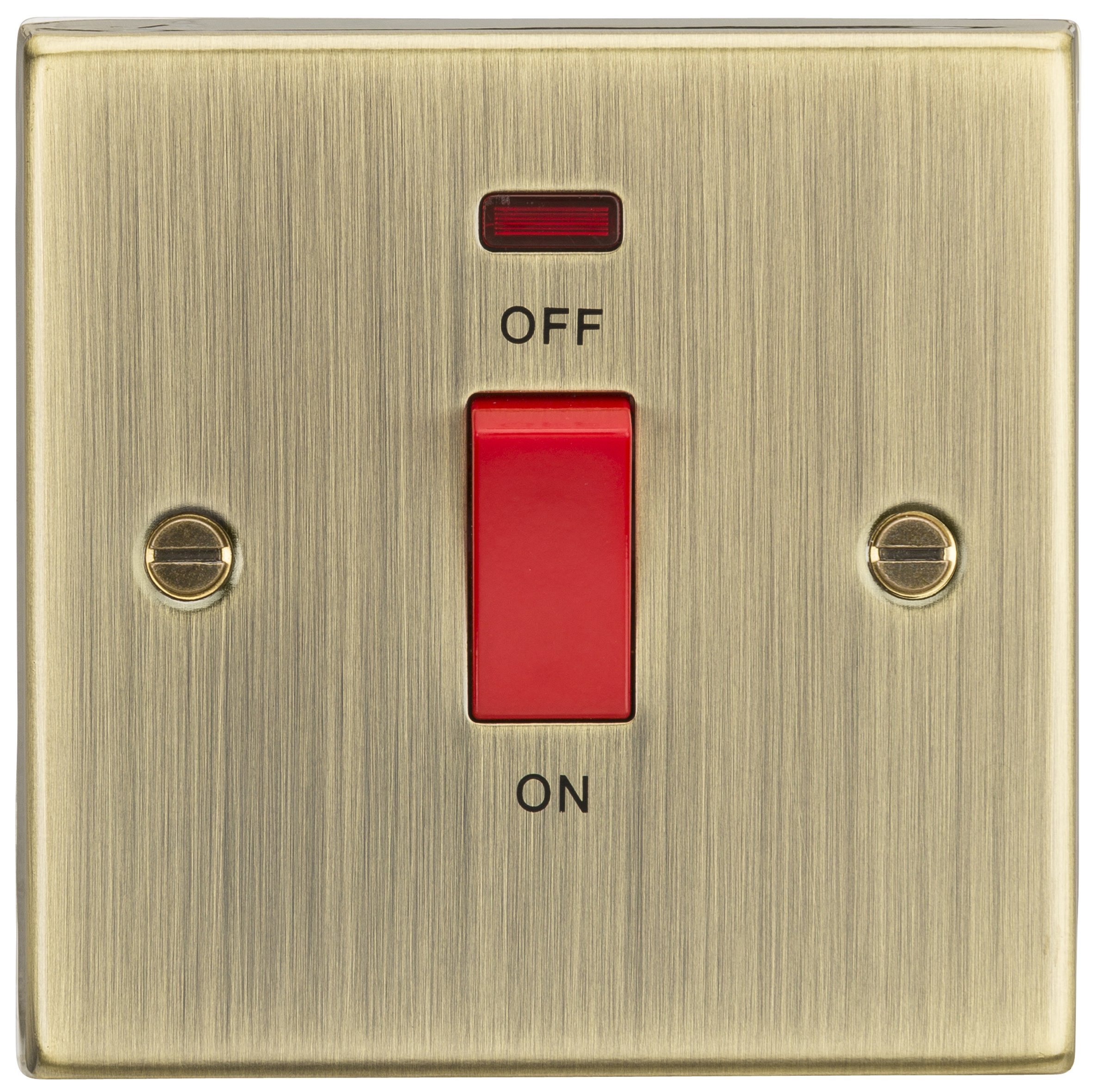 Knightsbridge 45A DP Switch with Neon (single size) - Square Edge Antique Brass