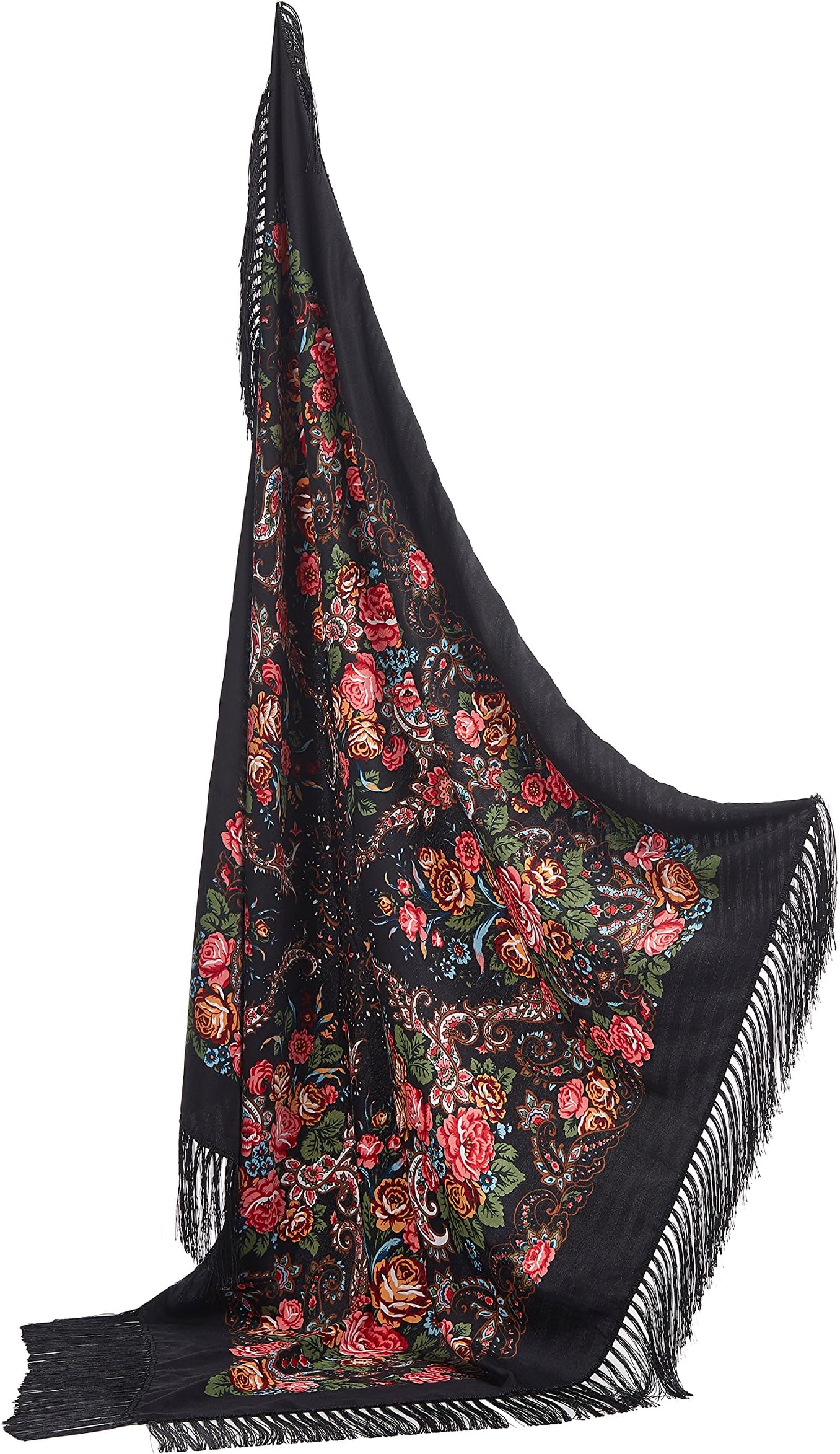 Ladies Tassel Shawl With Roses Ukrainian Polish Russian Retro Head Wrap 44" x 44"