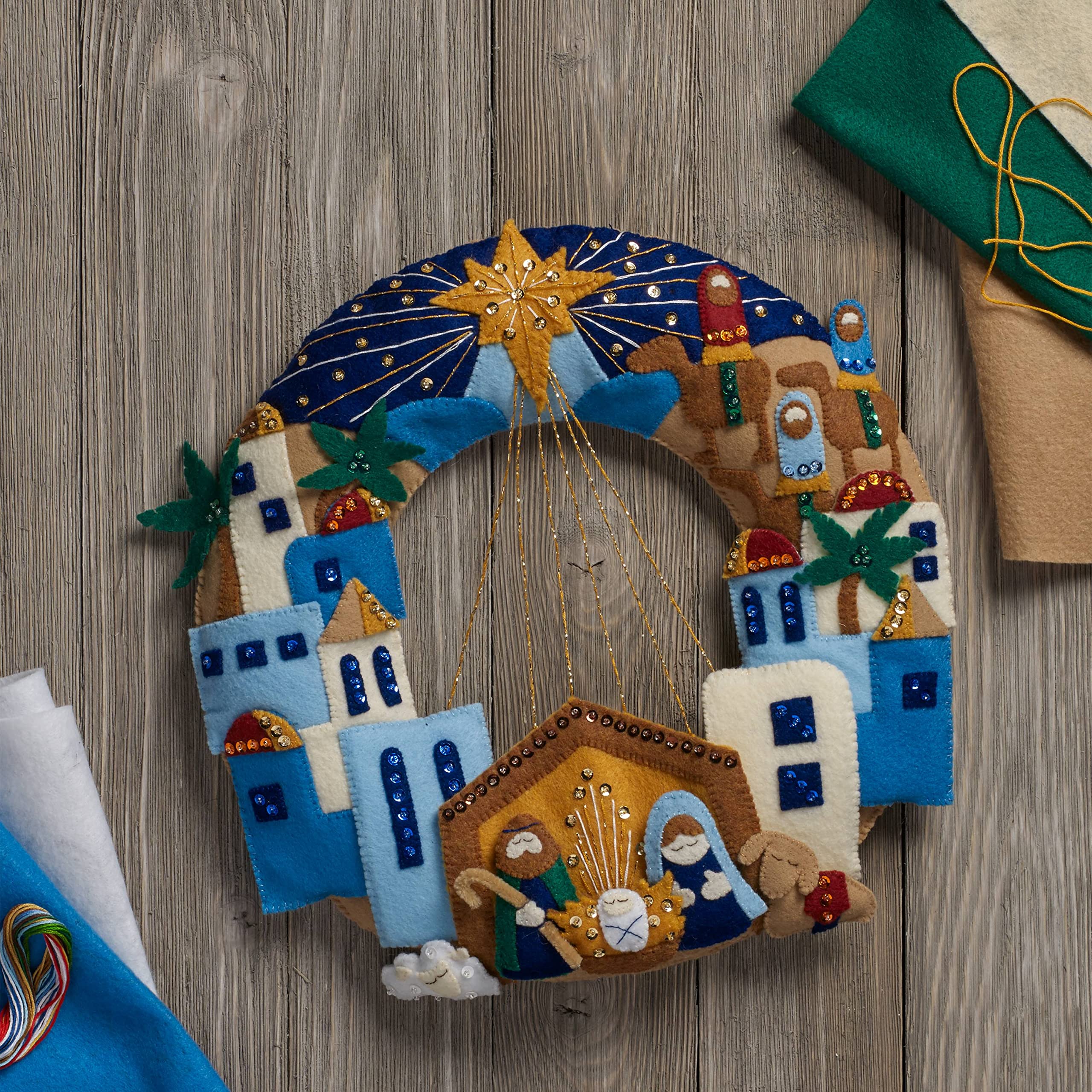 Bucilla Felt Applique Wreath Town of Bethlehem, Size 13 x 12.5-Inch, Blue, Brown, Gray