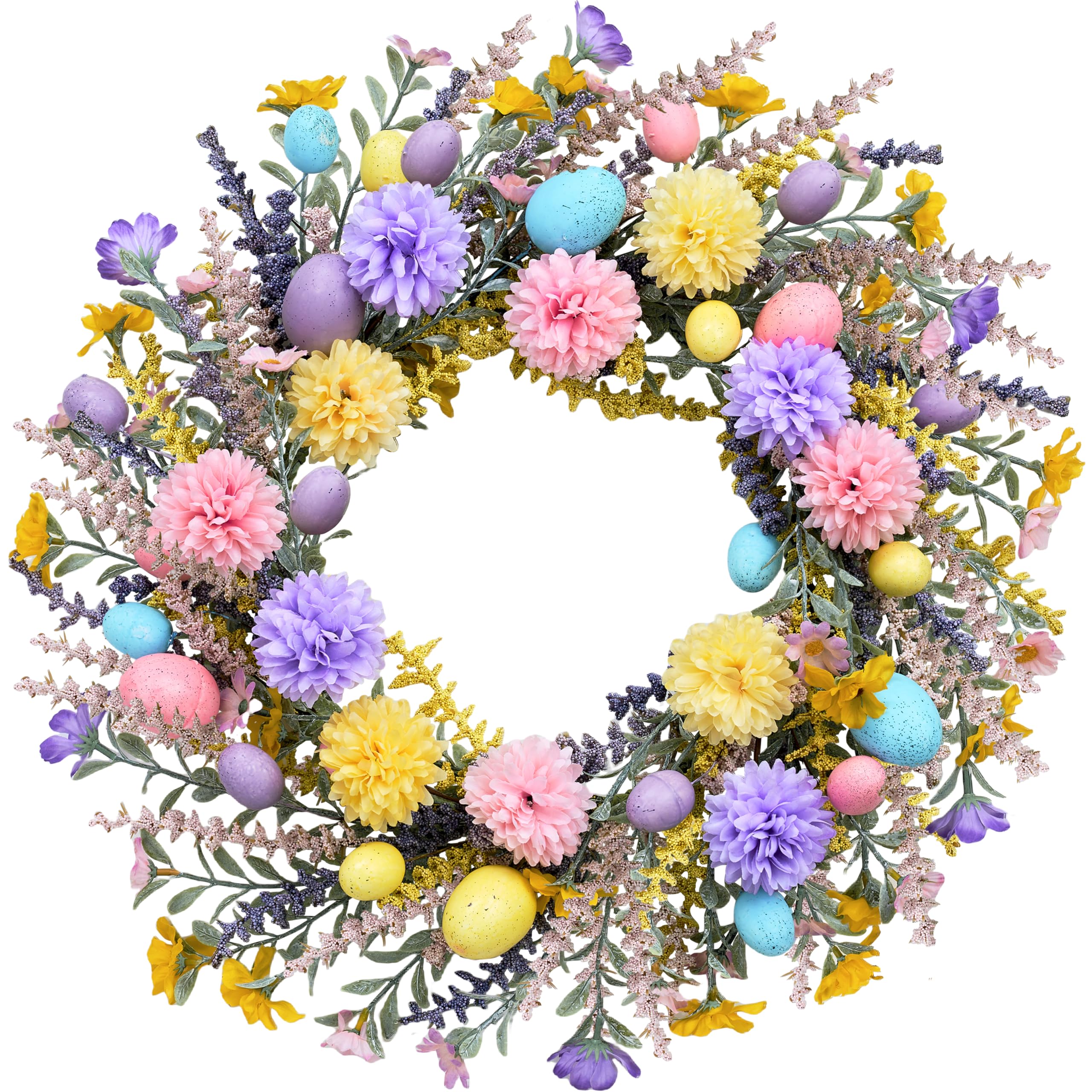 Photo 1 of **parts only** zjlmit Artificial Easter Wreath 20 Inch Easter Wreaths for Front Door with Colorful Eggs Yellow Daisy Purple Lavender and Green Leaves Egg Wreath for Porch Window Farmhouse and Party Decoration