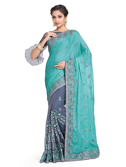 Womanista crepe with Blouse Piece Saree (TI1199_ Blue & Grey_ One Size)
