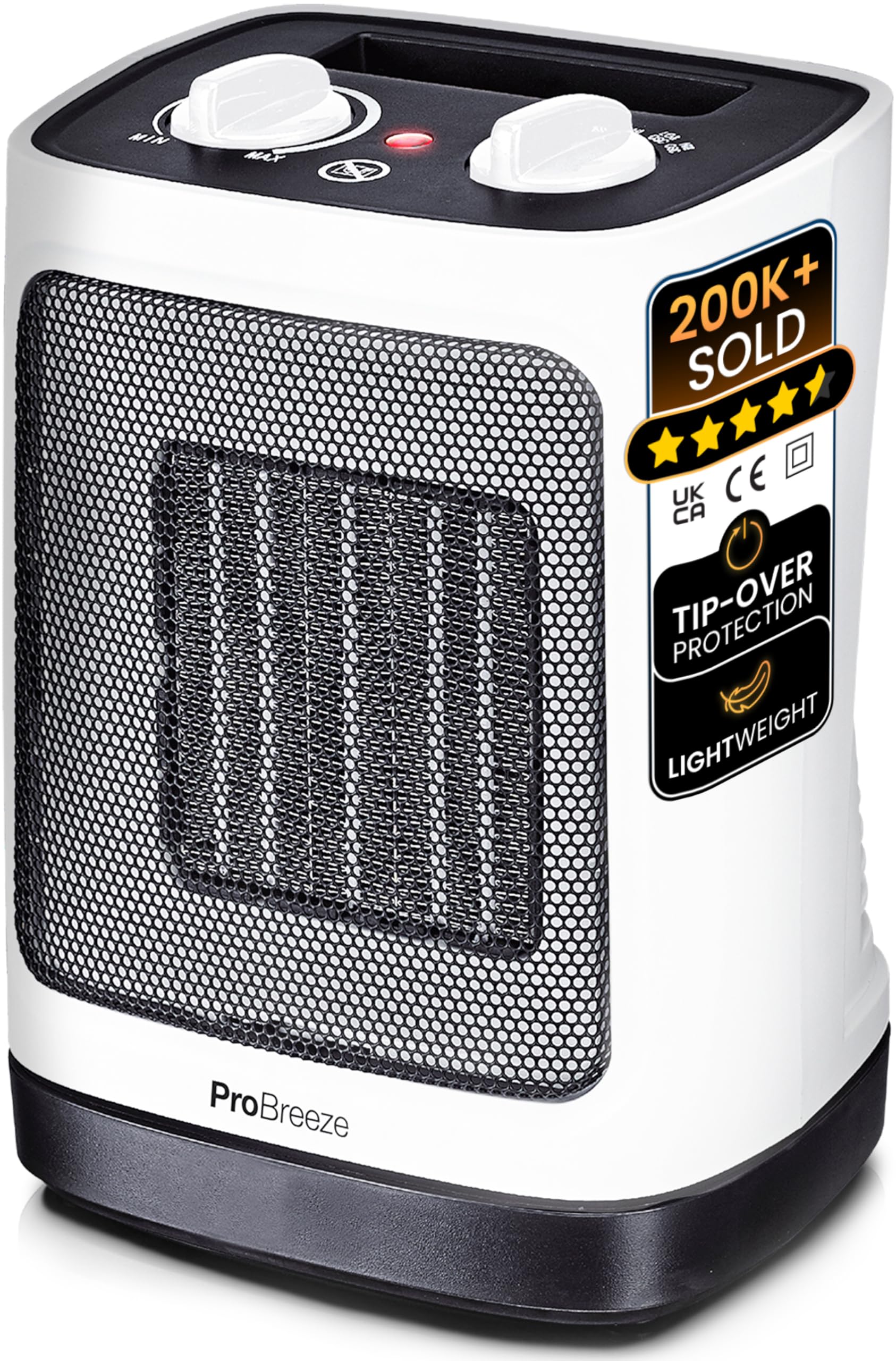 Pro Breeze 2000W Mini Ceramic Fan Heater - 2 Heat Settings & Oscillation Mode with Built-in Overheat and Tip Over Protection, Electric Heater for Home, Office and Bedroom (White)