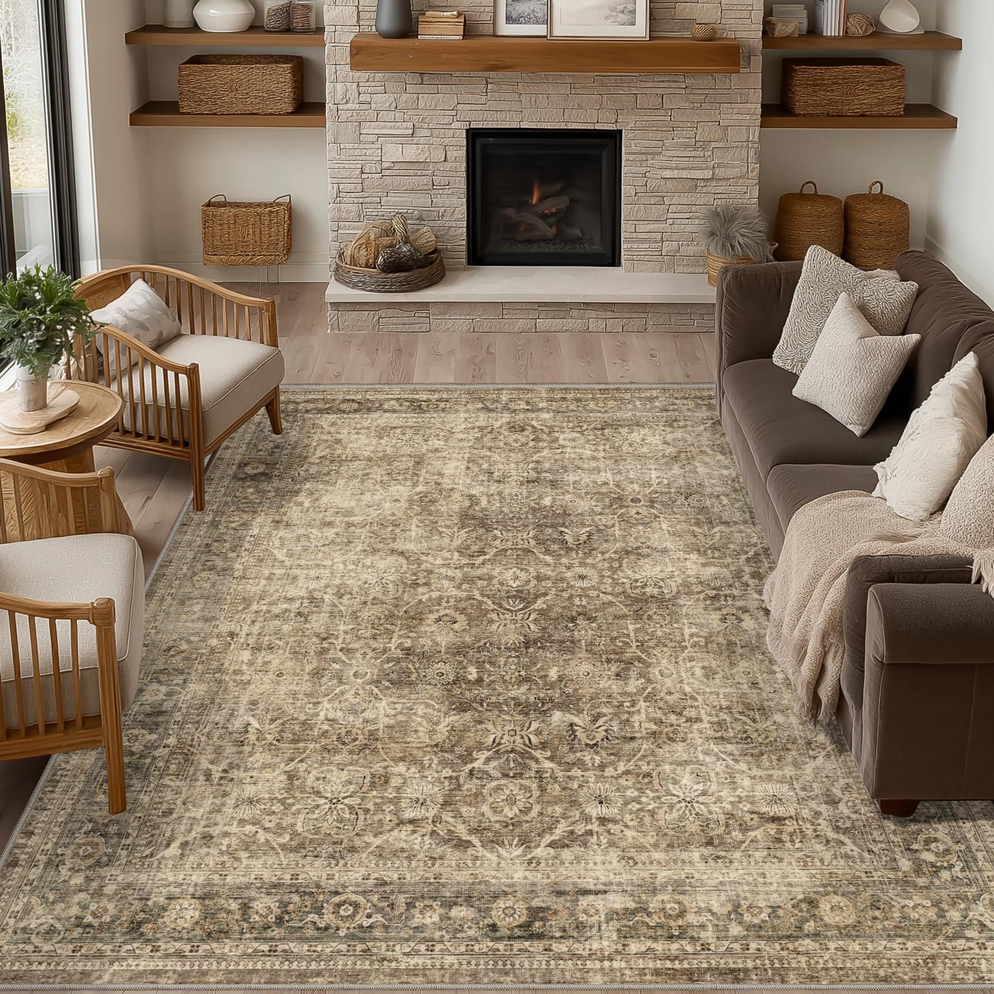 Photo 1 of FMFUNCTEX 6x9 Washable Area Rug Brown Vintage Neutral Distressed Large Non Slip Carpet for Living Room Bedroom Soft Low Pile Indoor Mat Retro Floral Throw Rug for Dining Room Kitchen Office Nursery