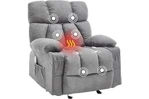 JONPONY Massage Rocker Recliner Chair with Heat and Vibration Ergonomic Rocking Lounge Chair for Living Room Comfy Overstuffed Recliner with 4 Side Pockets,2 Cup Holders, USB Charge Port, Grey