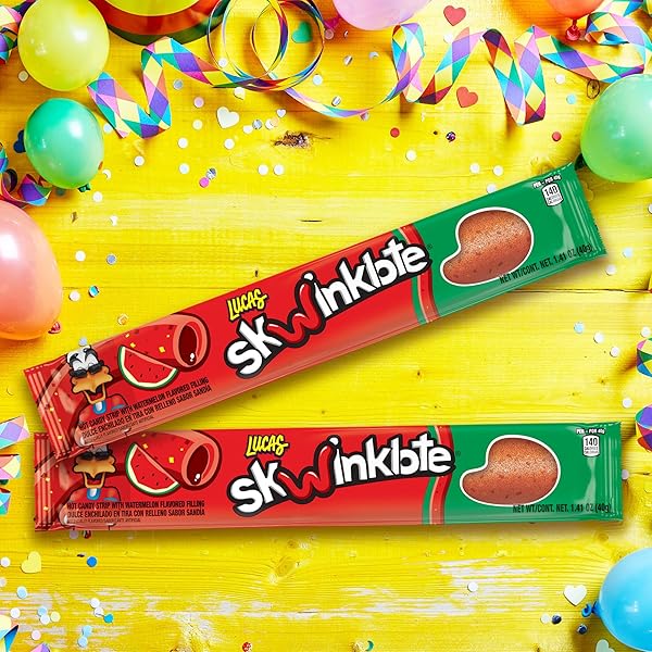 LUCAS SKWINKLOTE WATERMELON FLAVOR SWEET AND SOUR CANDY STRIP, 1.41OZ – 6 PIECES PACK FOR TREATS, SNACK, PARTIES, PIÑATAS