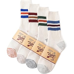 Jeasona 95% Cotton Athletic Vintage Stripe Crew Socks for Men 4 Pairs