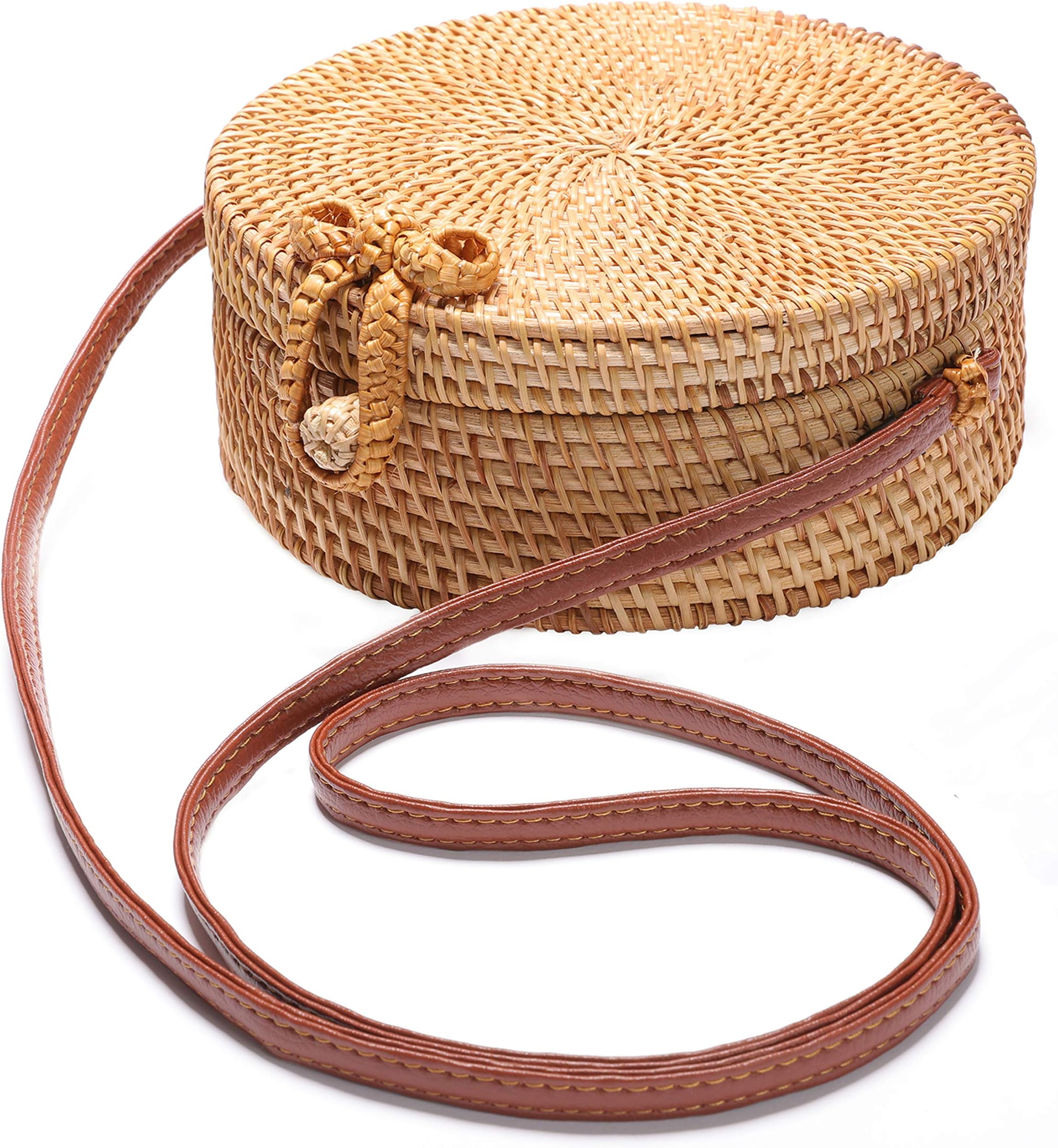 Handwoven Round Rattan Bag Shoulder Leather Straps Natural Chic Hand Gyryp