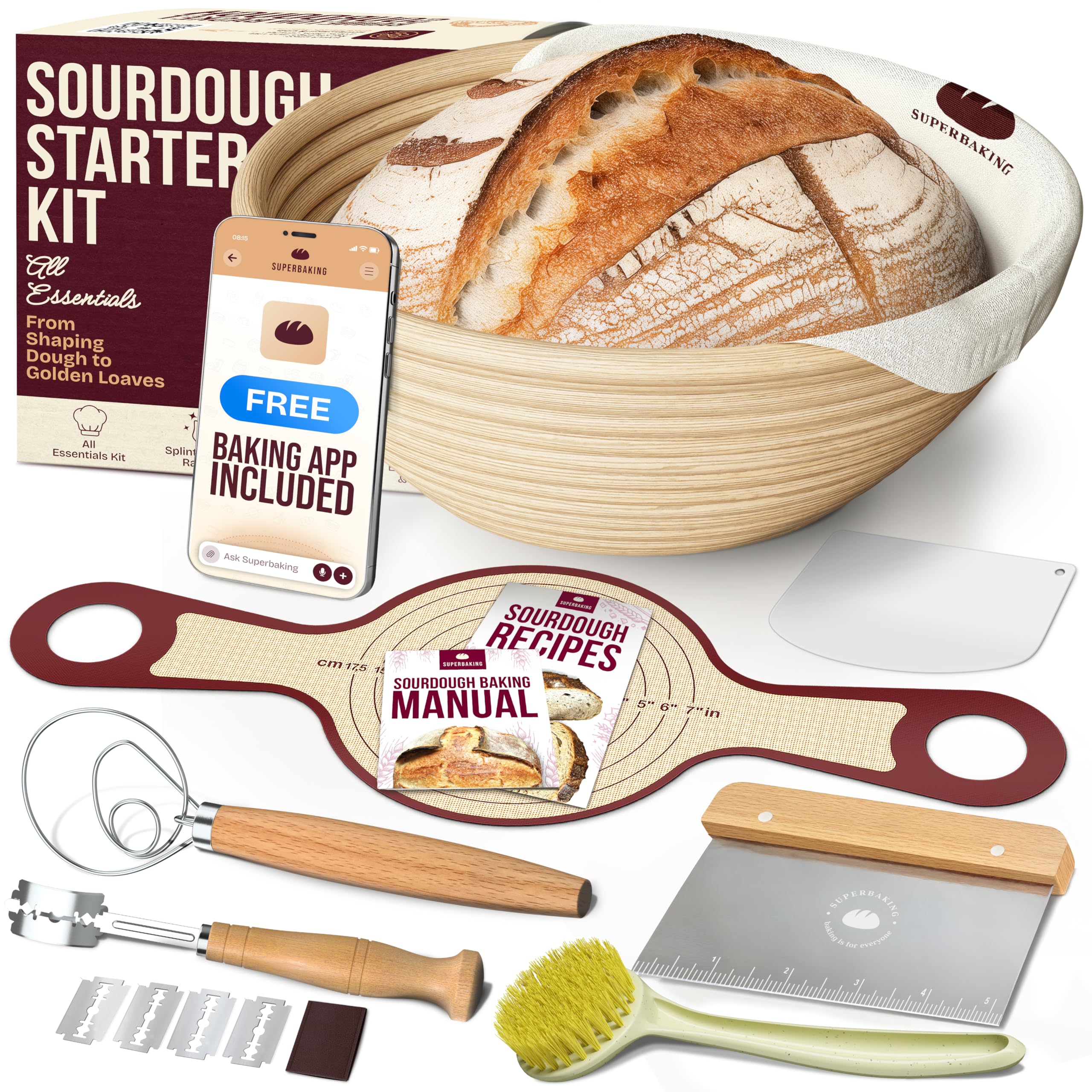 Photo 1 of Superbaking Banneton Bread Proofing Basket Set with Silicone Dough Sling, 9" Splinter-Free Proofing Basket, Non-Stick Dutch Oven Liner, Sourdough Starter Kit, Sourdough Bread Baking Supplies & Tools