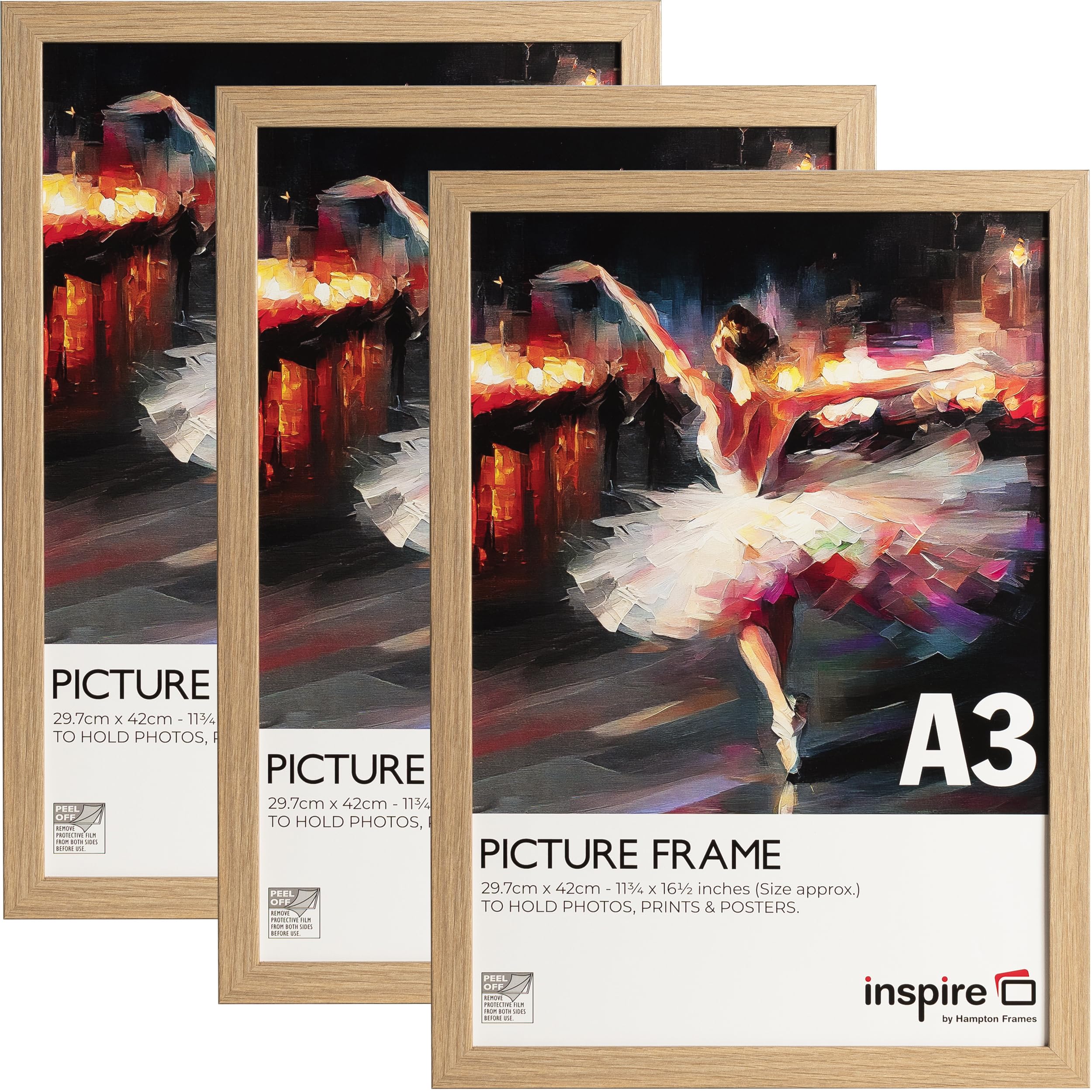 inspire by Hampton Frames | WELFORD A3 Poster Frame, 29.7x42cm, Oak, Acrylic Front, Pack of 3 | Lightweight, Shatterproof, Easy Wall Mount | Display Photos & Artwork