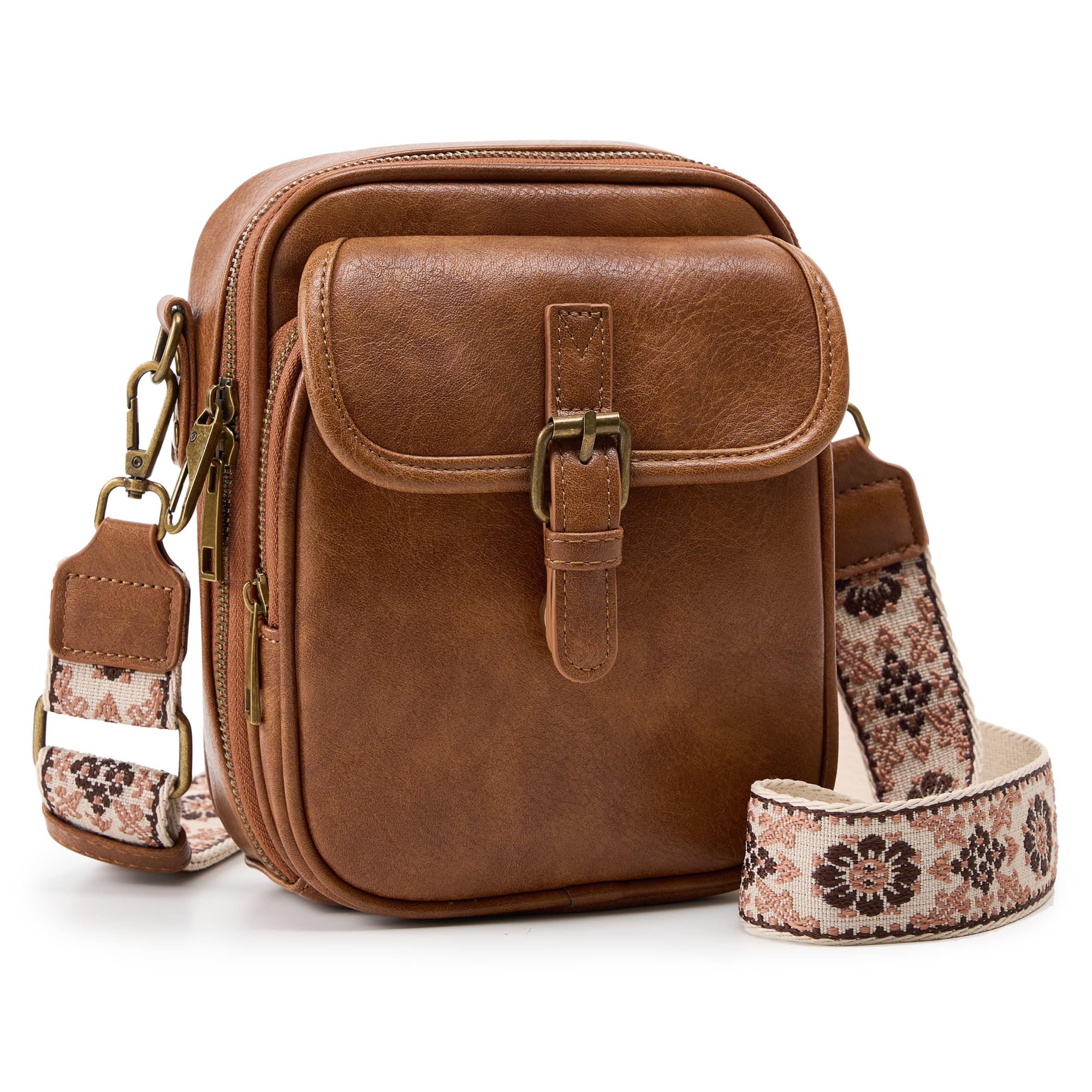 Photo 1 of Small Messenger Bag Vegan Leather Crossbody Bag for Women Men, Vintage Cross Body Shoulder Purse with Card Slots(Wide Strap-Brown)
