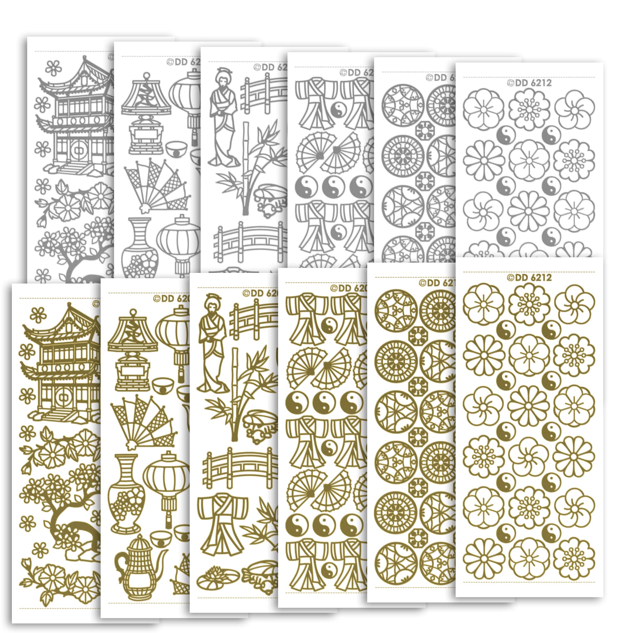 Peel Off Stickers Craft Stickers Oriental, Pack of 12 Sheets in Silver and Gold, CPD 1016, One Size