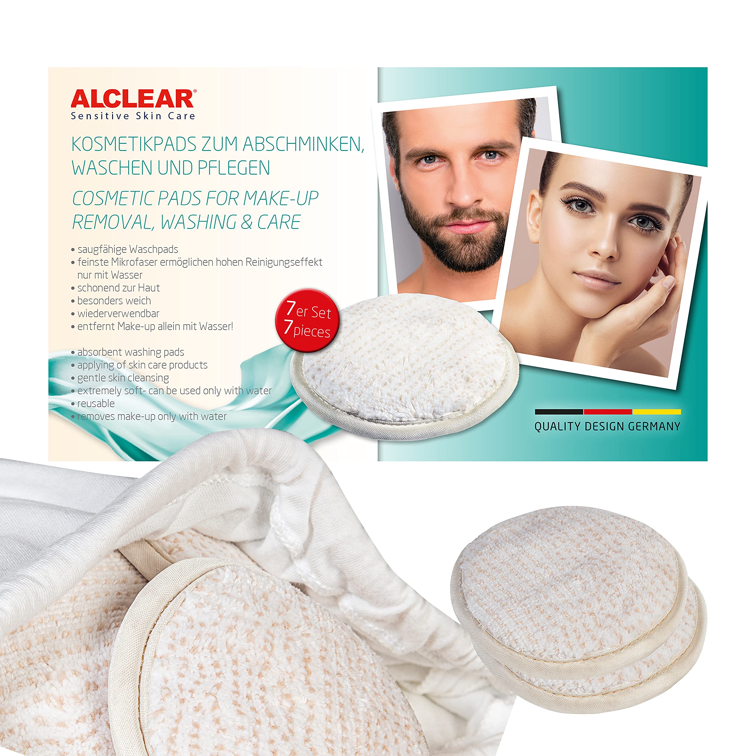 Alclear 95AP Wash Pads Set of 7 Washable Make-Up Pads Beige White with Wash Bag, Gentle & Skin-friendly Microfibre for Deep Pore, Environmentally Friendly Cleaning & Care of Face Neck