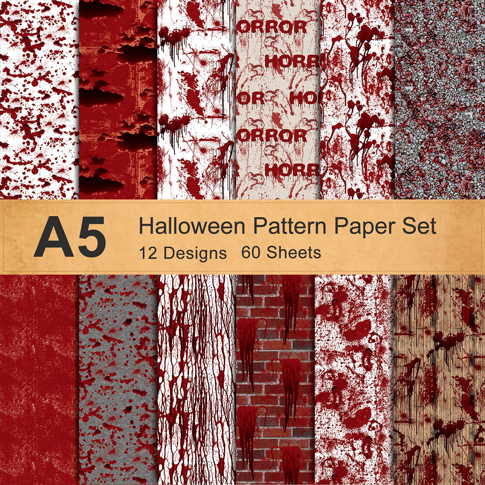 Whaline 60 Sheet Halloween Horror Pattern Paper Set 12 Designs Bloody Craft Paper A5 Size Double-Sided Blood Origami Paper Halloween Decorative Paper for Card Making Scrapbook DIY Craft