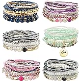 FIBO STEEL 6 Sets Bohemian Stackable Bead Bracelets for Women Stretch Multilayered Bracelet Set Multicolor Boho Jewelry