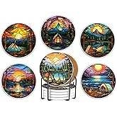 Onebttl Camping Gifts for Camper - Camping Theme Coaster Set of 6, Bar Coasters, Stained Glass Style