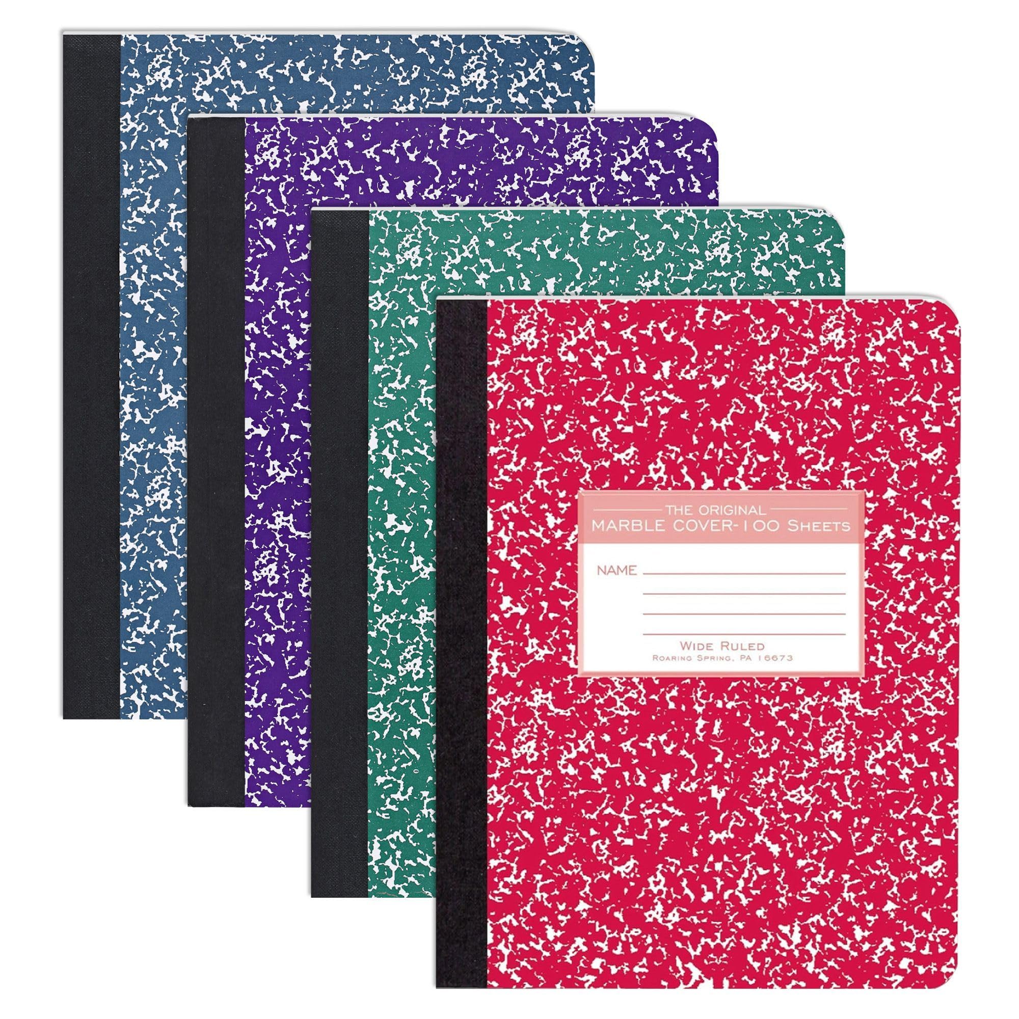 Roaring Spring Colored Composition Notebooks, 4-Pack, Wide Ruled, 100 Sheets, 15# White Paper, 9.75"x7.75", Hard Board Marble Covers in Purple, Green, Red and Blue