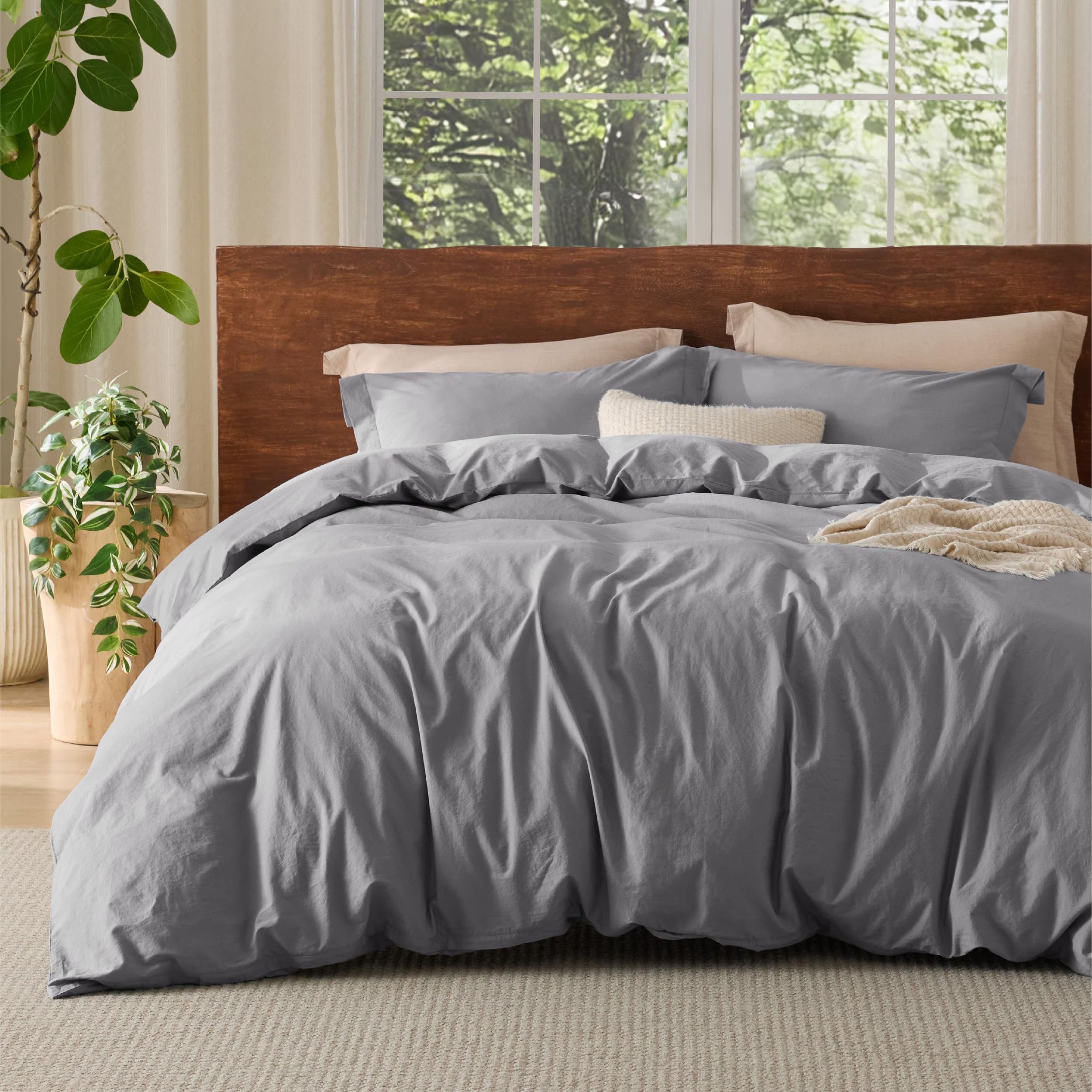 Photo 1 of Bedsure 100% Washed Cotton Duvet Cover Queen Size - Gray Minimalist Cotton Duvet Cover Linen Like for All Seasons - GentleSoft™ Plain Simple Bedding (Gray, Queen, 90"x90")