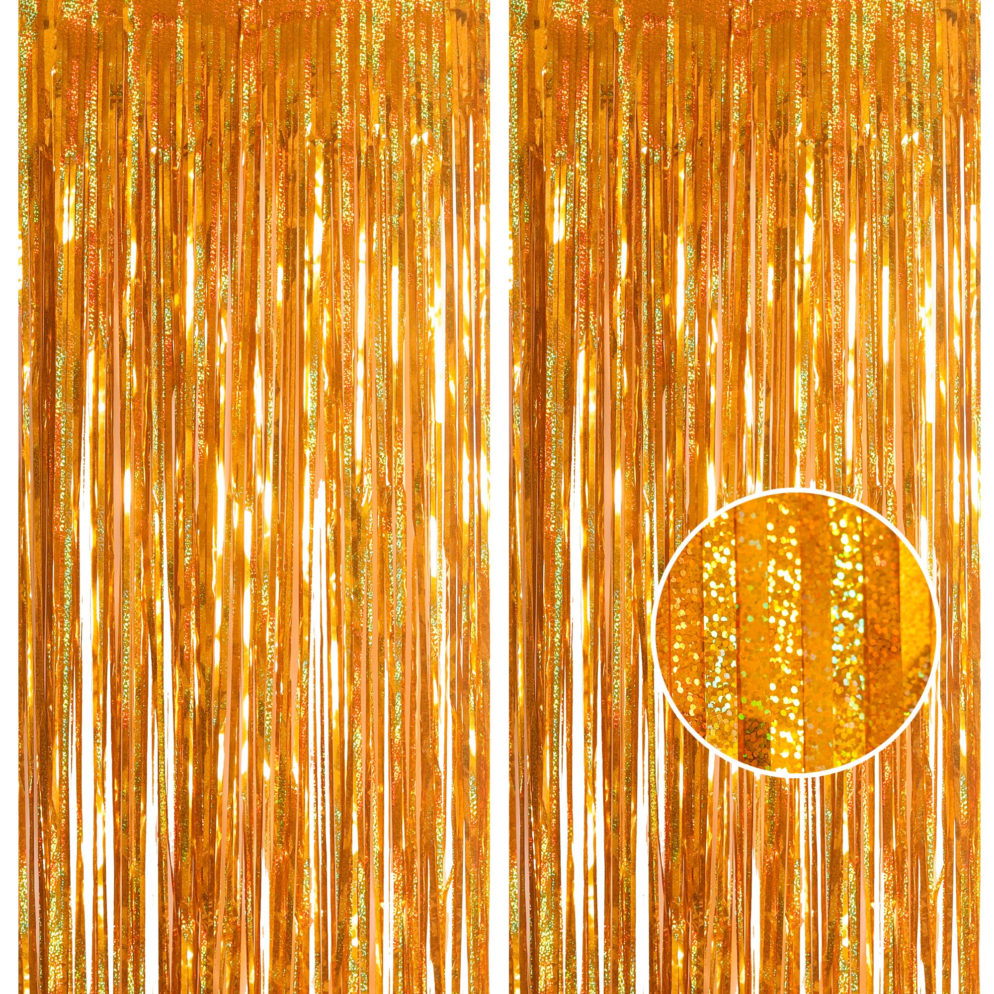 2pcs 3.2 x 8.3ft Glitter Gold Tinsel Curtain Foil Curtain Decorations Metallic Tinsel Door Hanging Foil Flow Silk Streamers Photo Backdrop Decoration for Christmas Graduation Newyears Wall Streamers