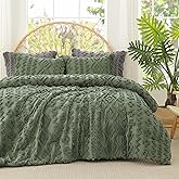 Amélie Home Boho Comforter Set Queen Size, 3 Piece Olive Green Boho Bedding Set, Rustic Farmhouse Luxury Gift for Women Home Decor, Soft Cozy Diamond Comforter for All Seasons