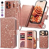 Varikke for iPhone 17 Pro Wallet Case Detachable with RFID Blocking Card Holder for Women, Glitter PU Leather Strap Strong Magnetic Flip Removable Phone Case Cover for iPhone 17 Pro 6.3", Rose Gold
