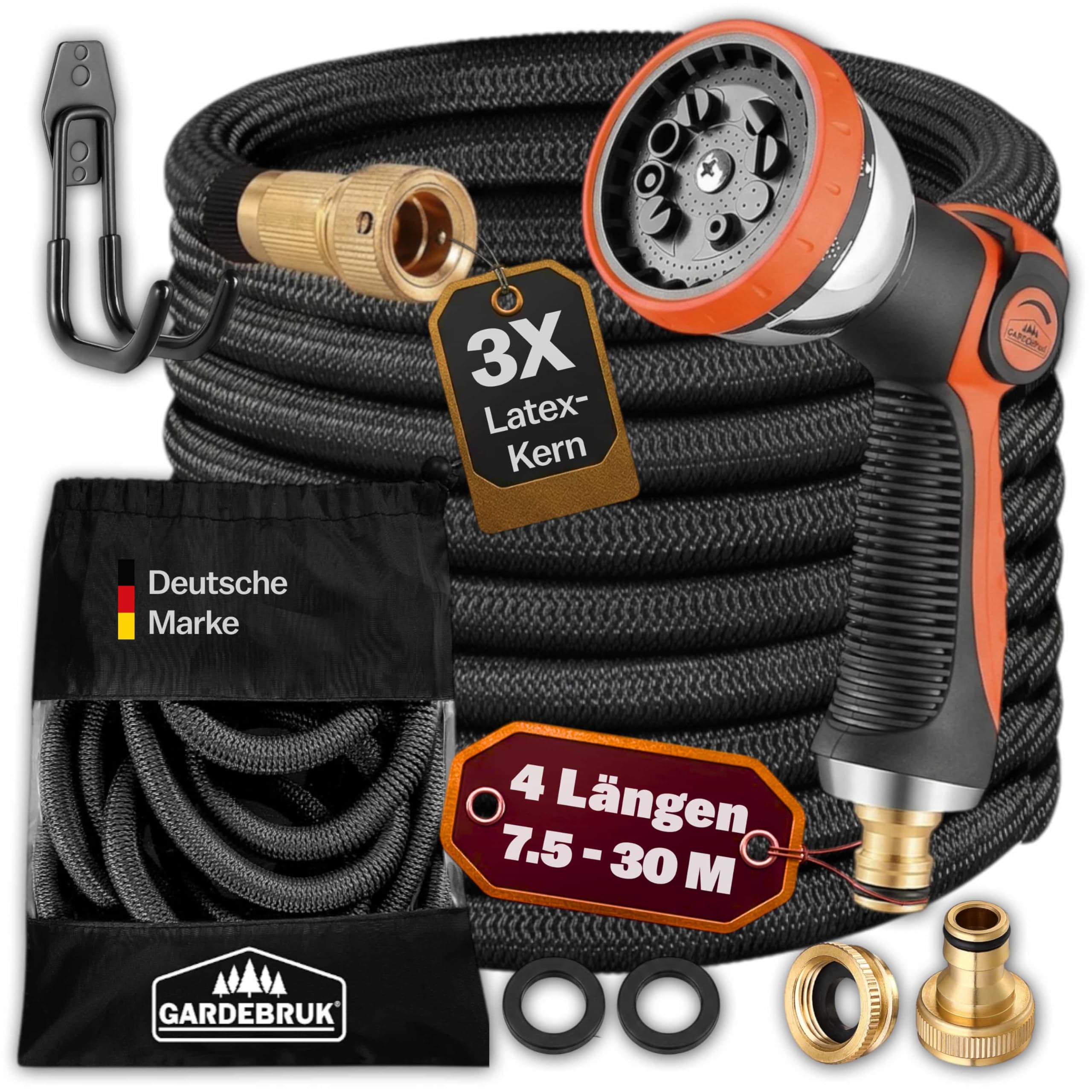 GARDEBRUK® Flexibler Gartenschlauch 30m 3fach Latexkern Vollmessing Adapter 1/2' 3/4' Zoll Wandhalterung Tasche Flexschlauch Wasserschlauch Schwarz