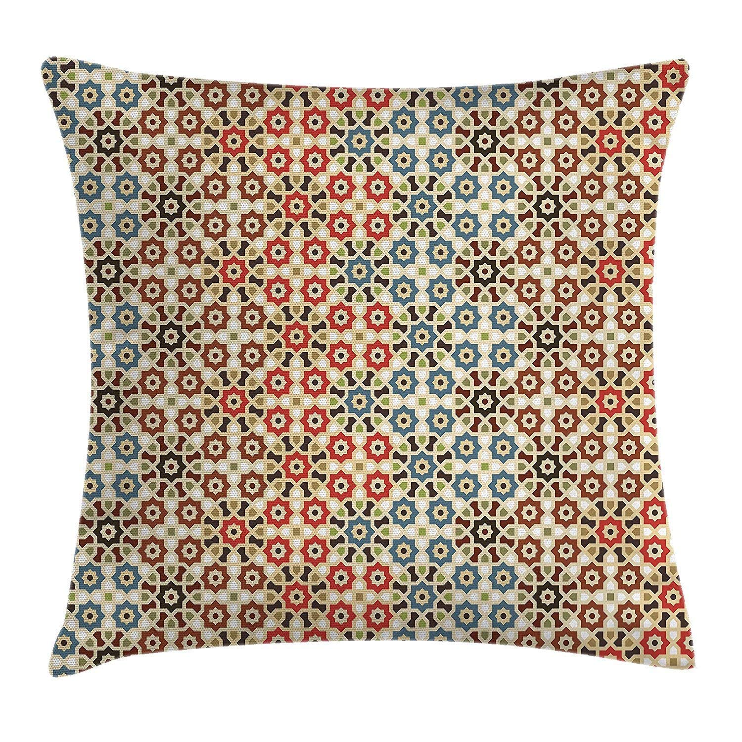 GRATIANUS Abstract Throw Pillow Cushion Cover, Seamless Arabic Pattern with Ethnic Motifs Eastern Religious Themed Print,Square Throw Pillow Case Cushion Cover 18x18 inch, Brown and Beige