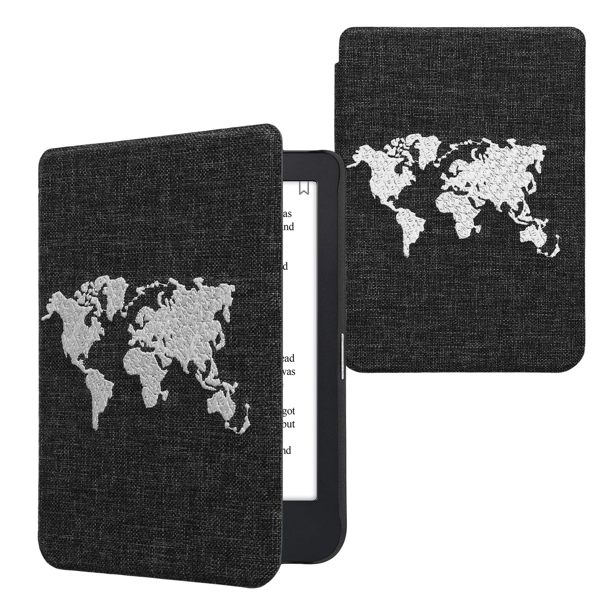 kwmobile Cover Compatible with Kobo Clara 2E / Tolino Shine 4 - Stitchwork Design Case - Travel Outline White/Dark Grey