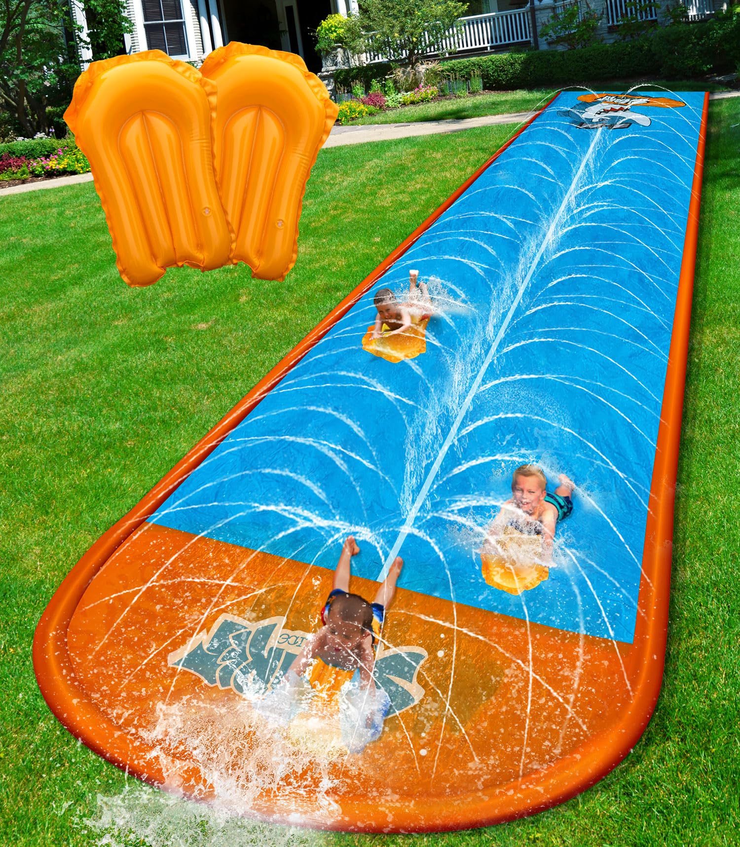 Spring Water Slip and Water Slide, 22ft *2 Lanes Slip Water Slides for Kids Backyards Ages 5-8 8-12 with Sprinkler and Inflatable Bodyboards, Summer Water Fun Toy for Outdoor Lawn Games Play
