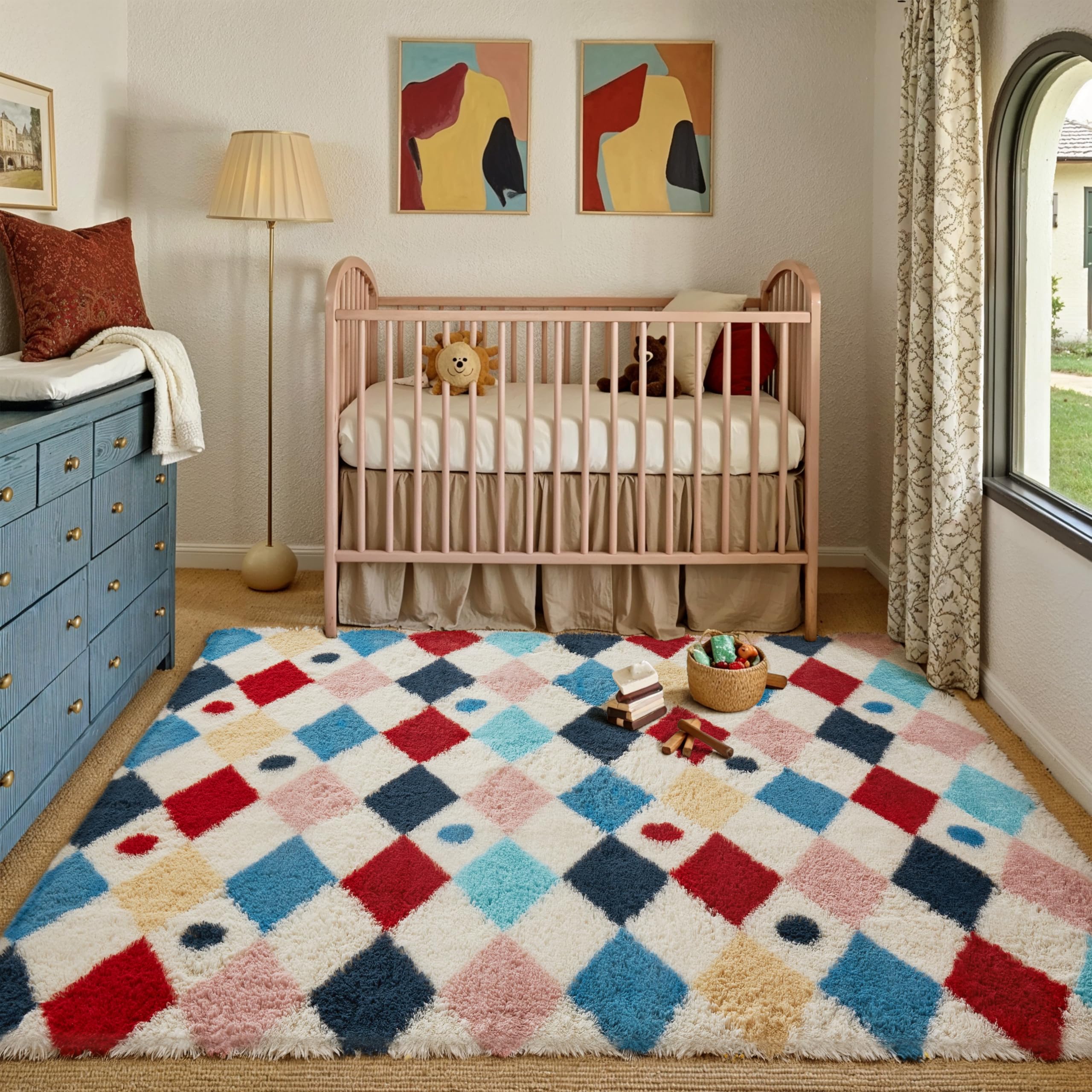 PureCozy Colorful 4x6 Area Rug for Living Room Washable Non Slip Neutral Soft Bedroom Checkered Carpet Rainbow Fluffy Modern Shag Fuzzy Indoor Large Aesthetic Bedroom Home Office Playroom Nursery