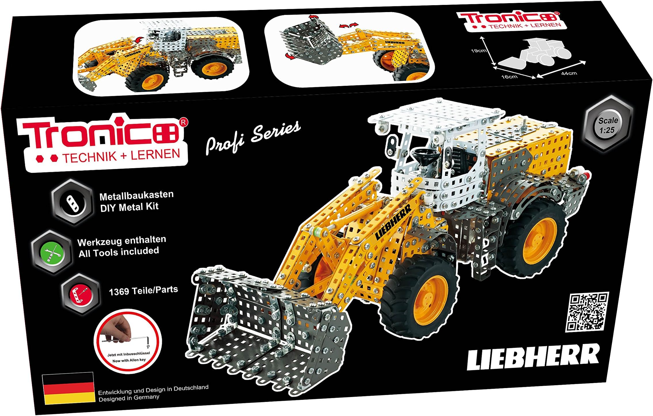 Metal Construction Model Kit, LIEBHERR, Wheel Loader, 1409 parts, Tronico© Germany, including tools, metal mechanical construction, kids metal kits, metal mechanics kits