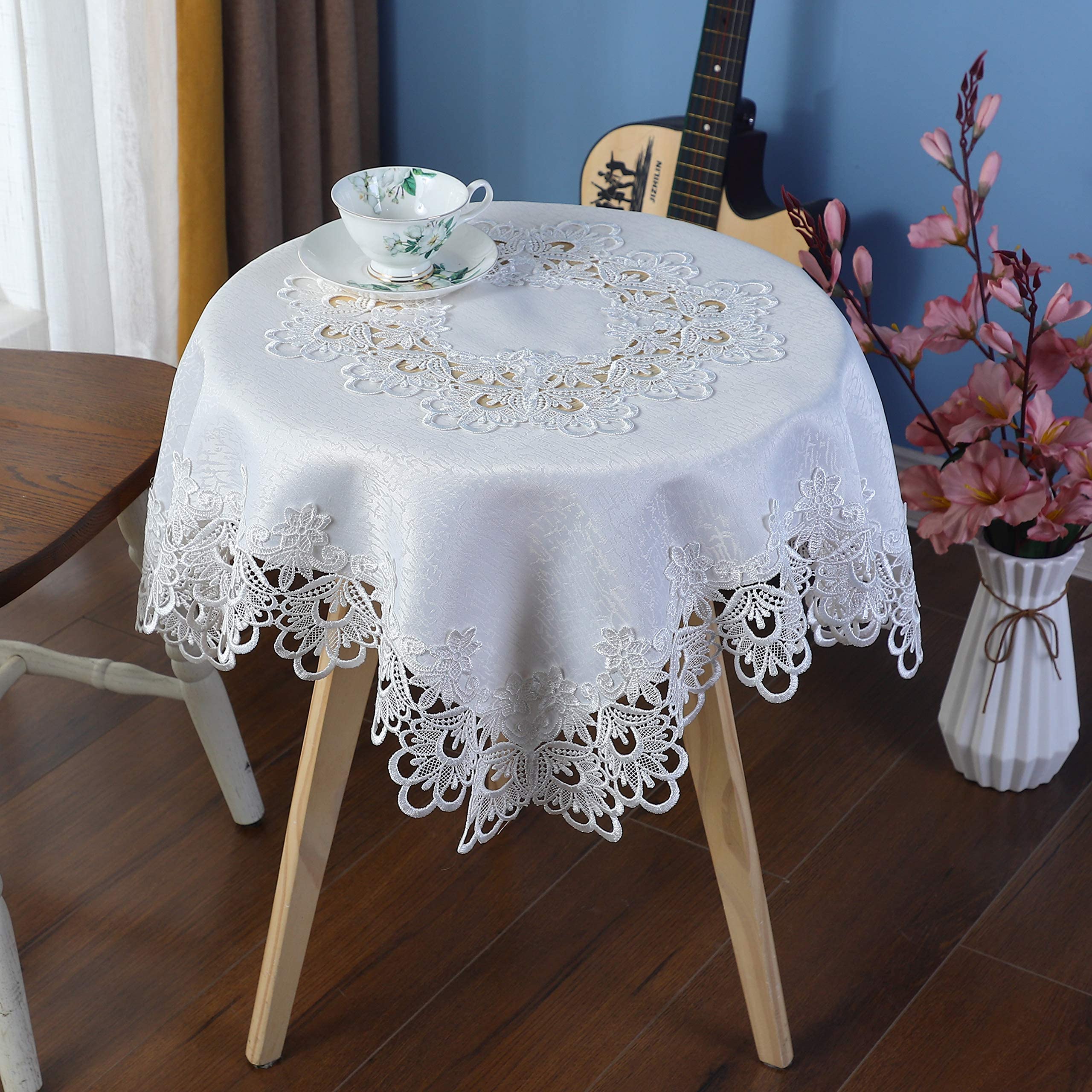 Inmerget Small Square White Tablecloth Elegant Lace End Beside Table Table Cover for Wedding Party Home Kitchen Living Room Decoration 33.5 x 33.5 inch/85x85cm