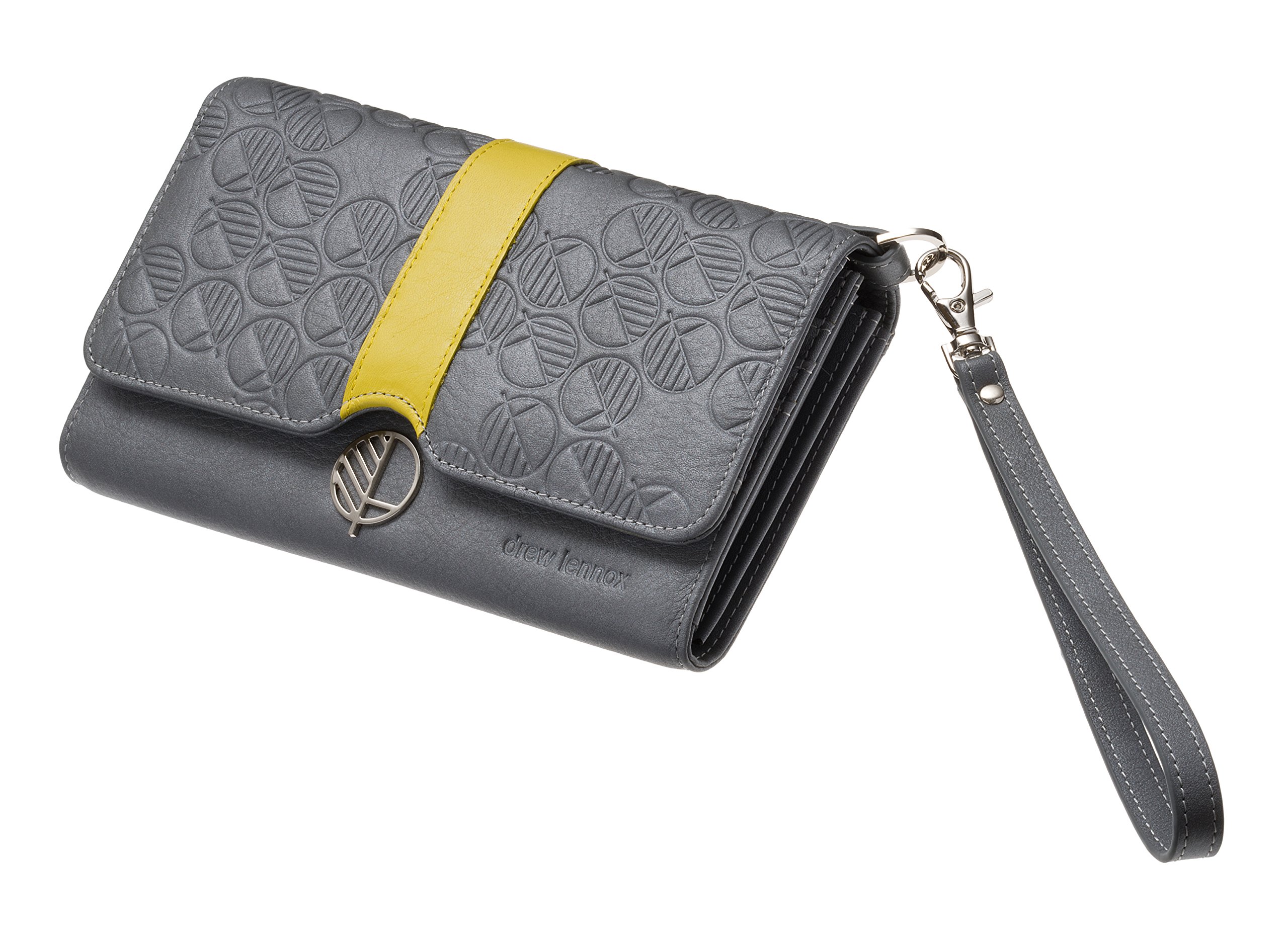 Drew Lennox Premium British Leather Wallet for Women, Travel Wallet, Clutch Bag with Wrist Strap— Passport Holder, Phone Holder, Cards Slots, Slip Pockets— ID Window— Gift Box— Silver Grey and Yellow