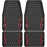 CAR PASS Bling Diamond Car Mats Rubber Floor Mats Full Set Anti-Slip 3D Rhombus Waterproof Trim to Fit Liner Universal Glitter Crystal Sparkly Shining Rhinestone Girl Women SUV Sedan Van, Black Red