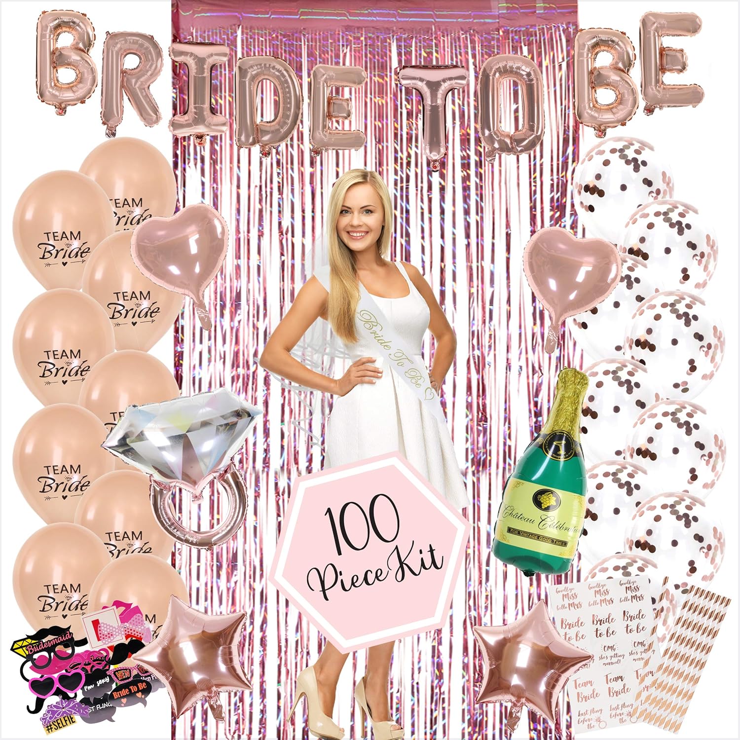 100PC Bachelorette Party Decorations Kit | Bridal Shower Decor Supplies | Rose Gold Paper Straws, Fringe Photo Booth Backdrop & Props, Bride To Be Sash, Veil, Temporary Tattoos, Confetti Balloons Pack