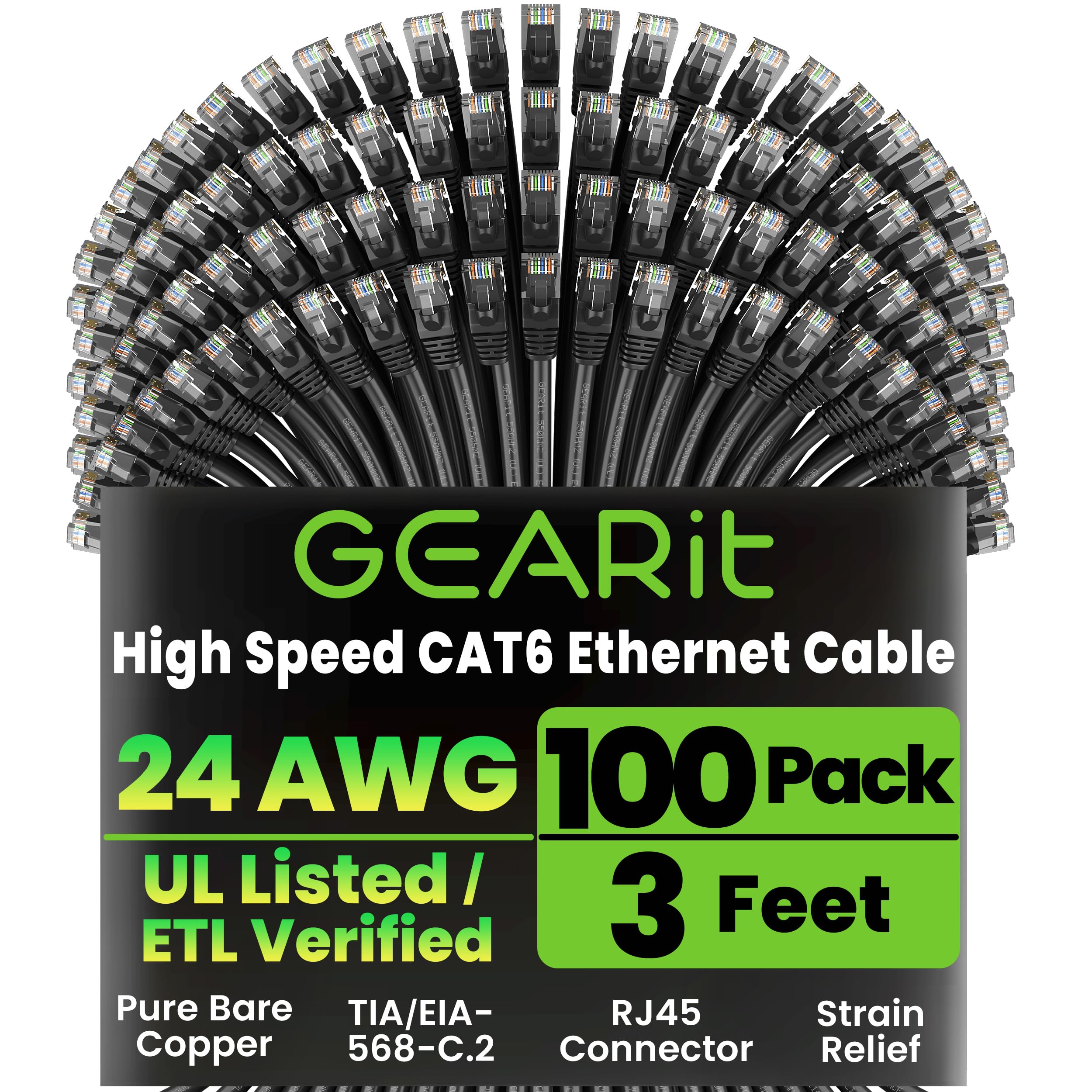 Photo 1 of GEARit Cat 6 Ethernet Cable Pack - 100-Pack 3 ft Cat6 Ethernet Patch Cables | RJ45 Network Patch Cable, 10 Gbps Snagless Gold-Plated Connectors - Ethernet Cable Cat 6 for PC, TV, Router - Black