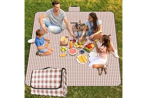 GUSUWU Picnic Blanket Waterproof Beach Rug 80''x80'' Picnic Mat Washable Lightweight with Handle Coffee Checkered for Hiking 