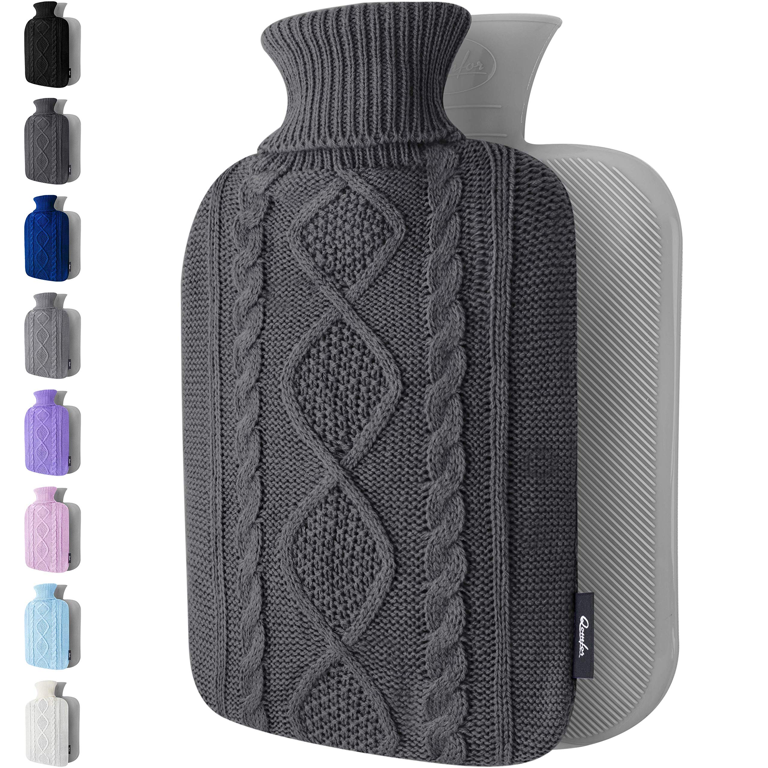 Hot Water Bottle - with Soft Premium Knitted Cover - Dark Grey, 2L - Heating Pad for Menstrual Cramps and Period Comfort - Bed Foot Warmer - Hot & Cold Compress for Back, Stomach, Neck Pain Relief