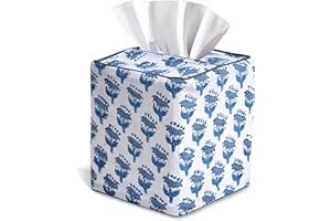 CPC COTTON PRINT CLUB CPC Apatite Blue Hand Block Printed Cotton Tissue Box Cover 5" x 5" x 5.5" Square Soft Reusable Boho Napkin Holder for Home Kitchen Dining Bathroom Office Cafe Spa Summer Thanksgiving