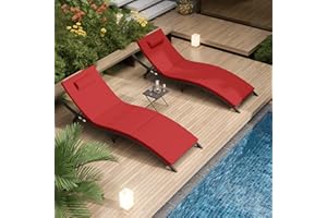 Delnavik Patio Chaise Lounge Set 3 Pieces Outdoor Lounge Chair Outdoor Wicker Lounge Chairs with Table Folding Chaise Lounger for Poolside Backyard Porch, Red