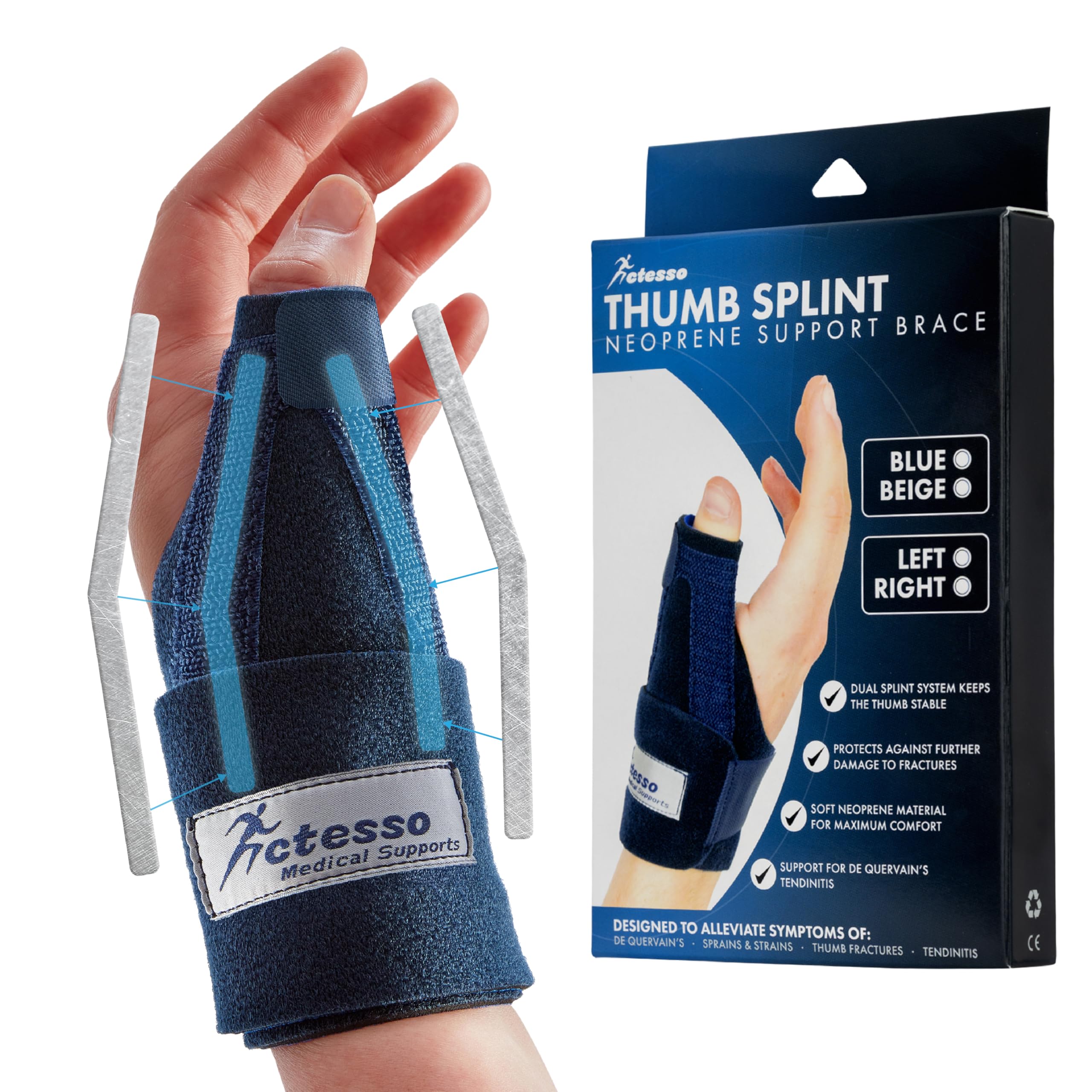 Actesso Neoprene Thumb Splint Brace – Thumb Support & Relief from Thumb Injury, Wrist Tendonitis, De Quervain's, Arthritis, Trigger Thumb & Sprains | Left or Right Spica Available (Blue, Left Hand)