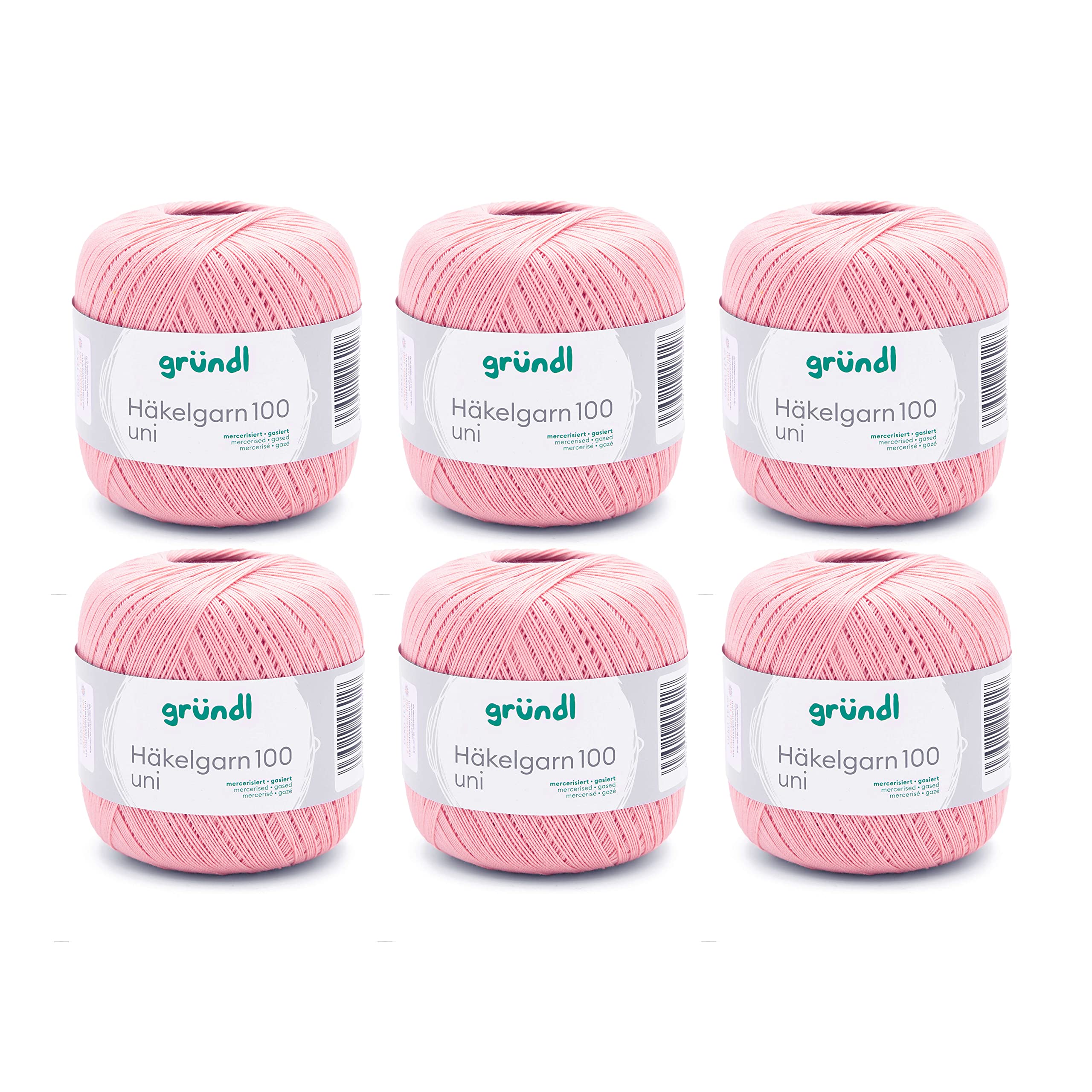 Gründl Häkelgarn 100 Uni (Crochet Wool, Knitting Yarn, Mercerised Cotton Yarn for Crochet Made of 100% Cotton, 100 g / 566 m, Needle Size: 1.5-2mm, 6 x 100 g), Light Salmon