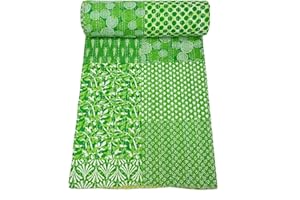 Marubhumi Indian Handmade Pure Cotton Kantha Quilt Throw Blanket Bespread (Green, Queen (90"x 108"))