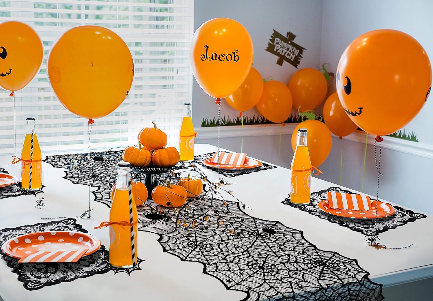 Halloween Table Decorations Set - Spider Web Table Runner/Skull Placemats/Spiderweb Cup Coasters- Desk Hallowmas Decor Party Supplies: Kitchen & Dining